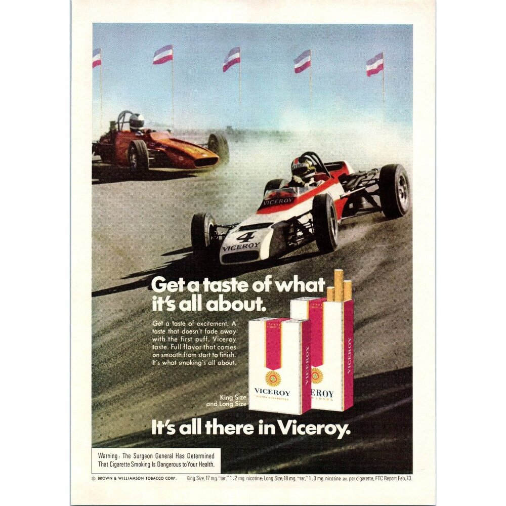 1973 Viceroy Cigarettes Vintage Print Ad Open Wheel Grand Prix Racing Wall Art